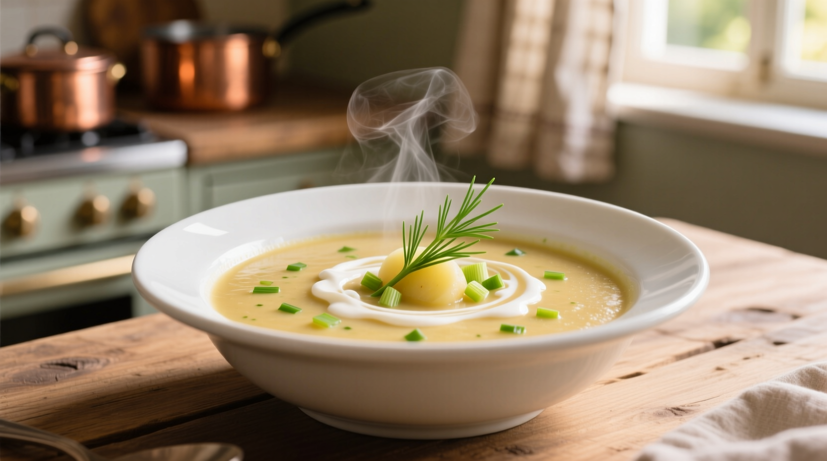 Perfectly creamy leek and potato soup in white bowl