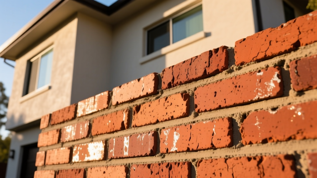 Close-up of red clay brick veneer on a modern Sacramento home exterior, highlighting crisp mortar joints under warm afternoon sunlight.