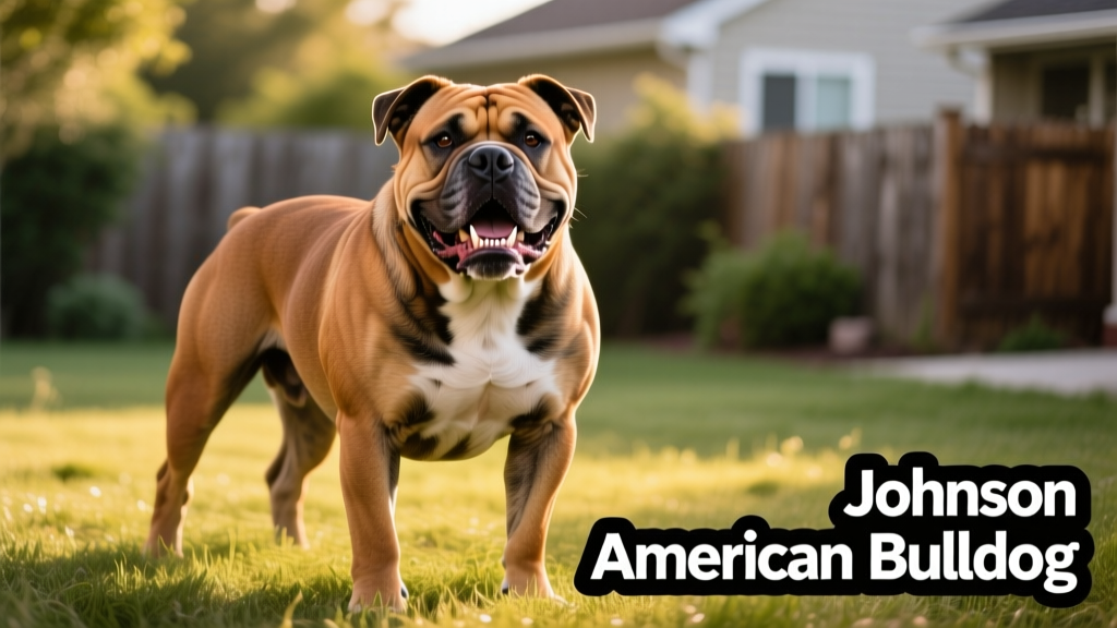 A muscular, broad-headed Johnson American Bulldog with a pronounced underbite and stocky build, standing confidently on grass