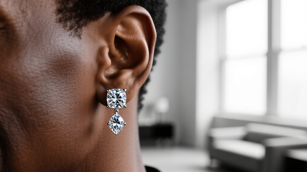 Heavy iced-out diamond stud earring drooping slightly on a man