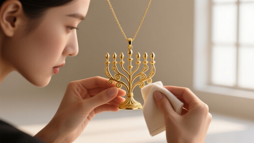Jeweler using a microfiber cloth to clean a 14k gold vermeil menorah pendant, carefully preserving the intricate branch details