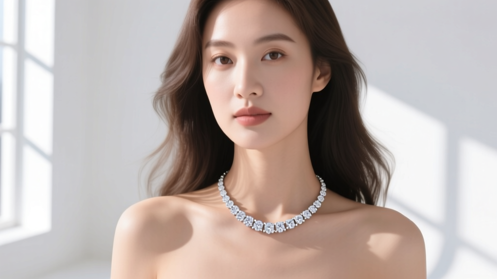 Elegant bride wearing a delicate 1.5 carat lab-grown diamond tennis necklace, soft natural window lighting highlighting the sparkle.