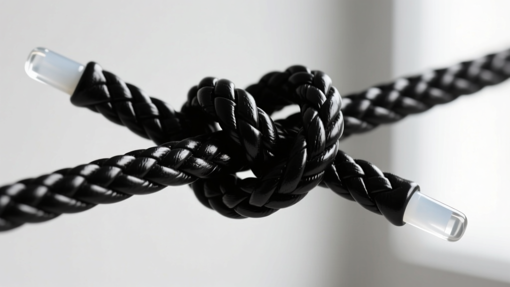 Macro shot of a completed sliding square knot on black leather cord, showing tight weave and trimmed ends sealed with clear glue