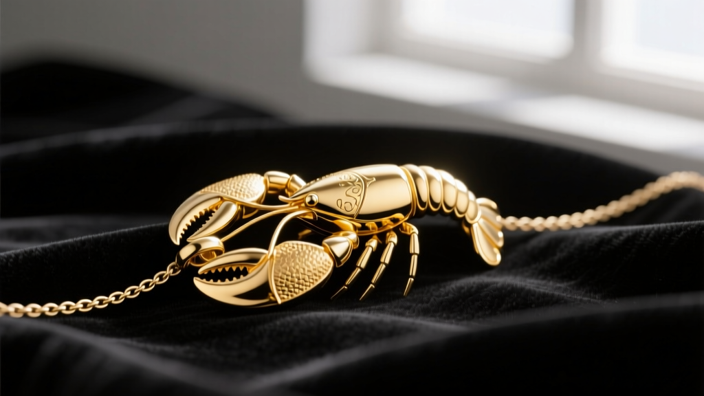 Macro photography of a polished 14k yellow gold lobster clasp attached to a delicate 1.2mm cable chain resting on dark velvet.