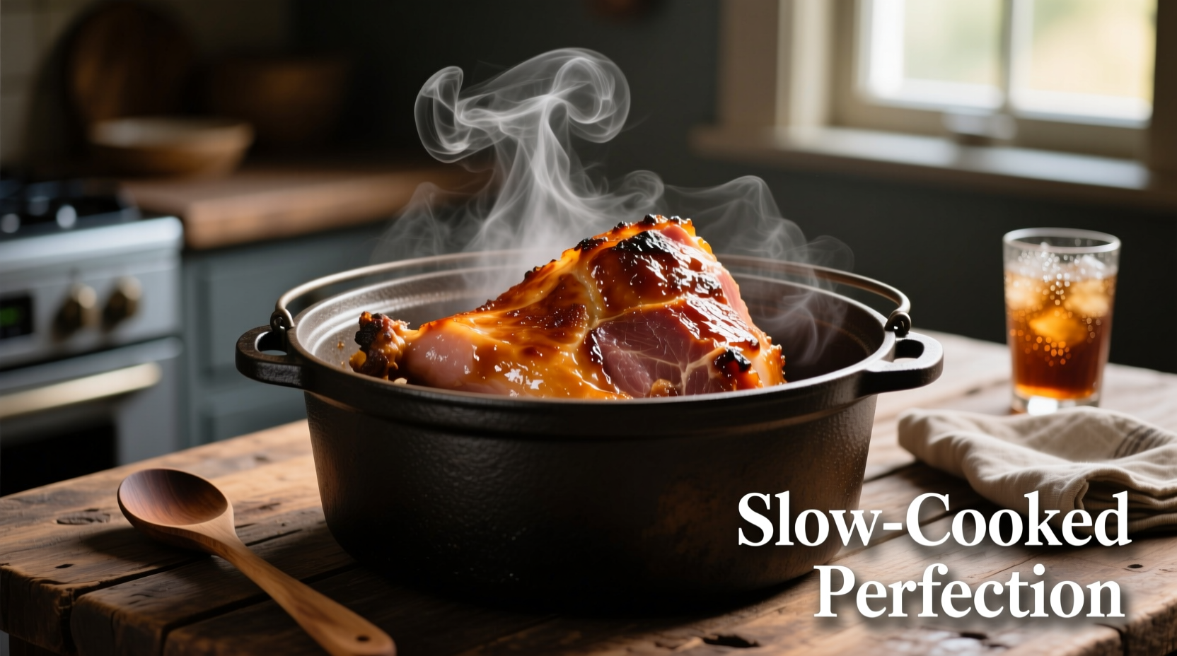 Perfectly cooked ham resting in crockpot with steam rising