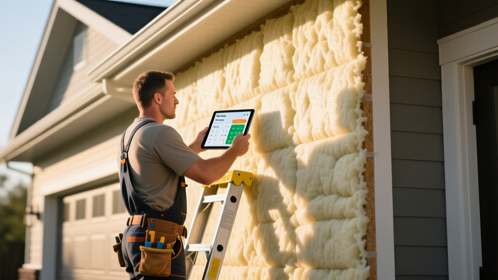 Contractor using a tablet vinyl siding calculator for material while inspecting insulated EPS foam on a residential exterior wall