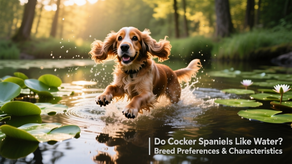 A happy Cocker Spaniel splashing in a clear freshwater pond with lily pads nearby