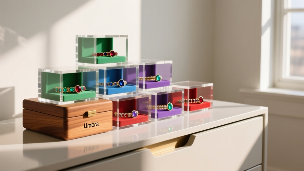 Stacked clear acrylic and wood Umbra Keep jewelry boxes on a minimalist dresser displaying color-coded gemstone bracelets