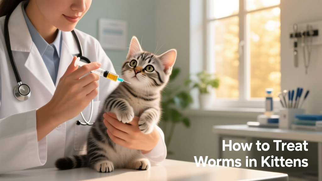 Veterinarian gently holding a kitten while preparing a liquid dewormer dose
