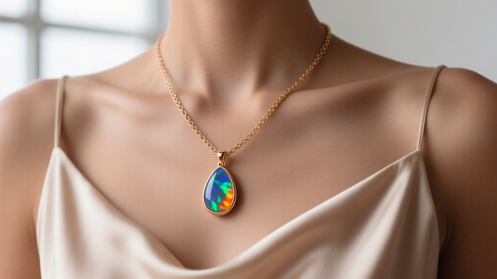 Close-up of a 14k rose gold chain with a teardrop Ethiopian opal pendant resting on a silk slip dress collarbone in soft light.