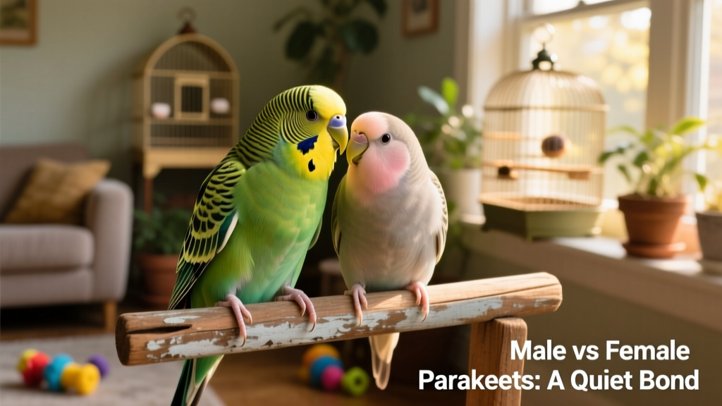 Two budgies preening each other peacefully on a shared perch