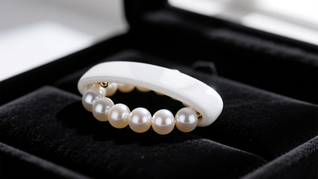 White ceramic clasp on Akoya pearls against black velvet, emphasizing material contrast and the bright surface luster of the gems.