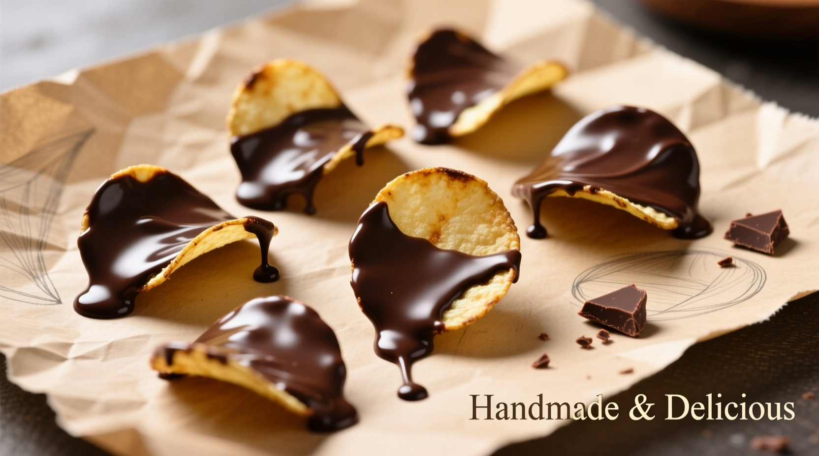 Homemade chocolate covered potato chips on parchment paper