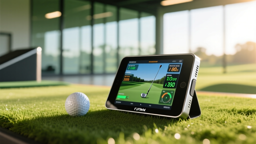 Portable launch monitor on the grass behind a golf ball, displaying club path and smash factor data on a tablet in a sunlit facility.