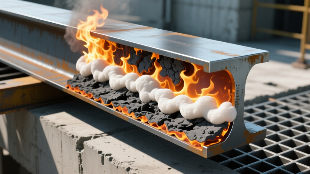 Cross-section diagram showing intumescent paint swelling on a steel I-beam during a simulated structural fire test