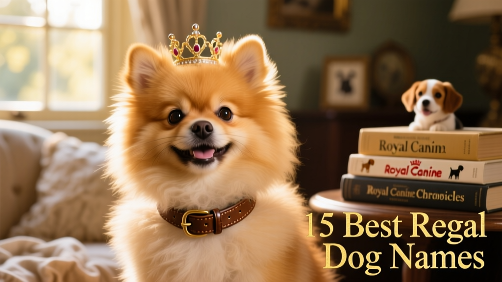 A fluffy Pomeranian with a miniature crown perched playfully over one ear