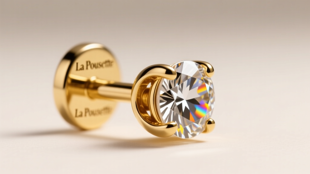 Macro shot of an 18k gold La Pousette earring back engaged on a diamond stud post under soft studio lighting