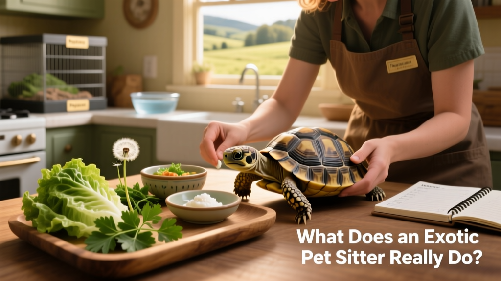 A sitter carefully preparing a balanced meal for a young tortoise, with fresh greens and calcium supplement visible