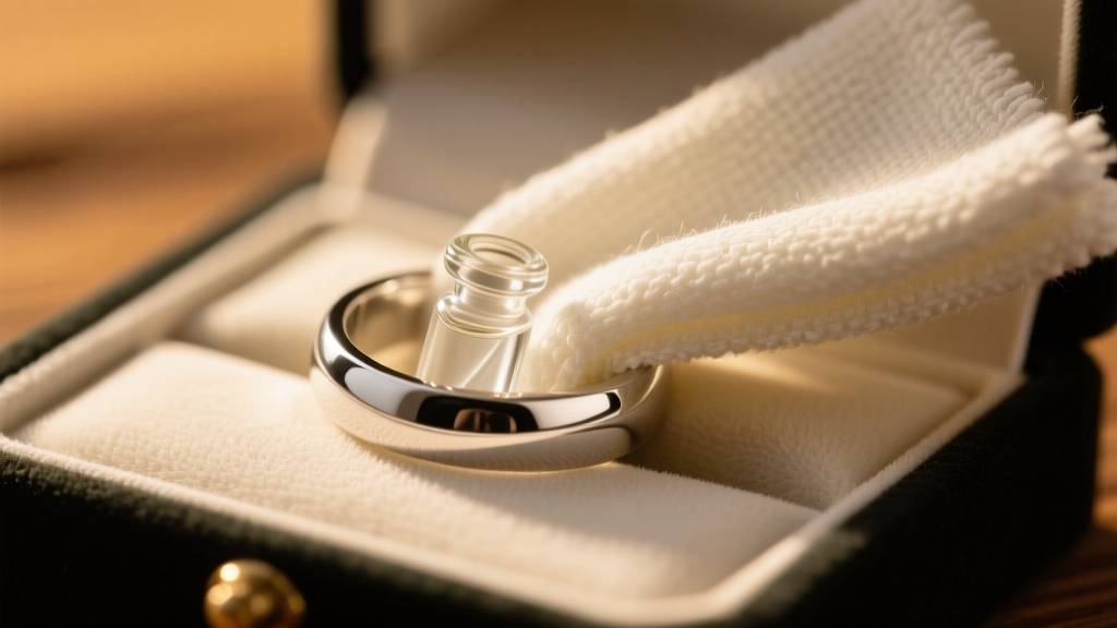 Close-up of a soft microfiber cloth gently wiping a sterling silver memorial ring with a small glass ash vial in warm lighting