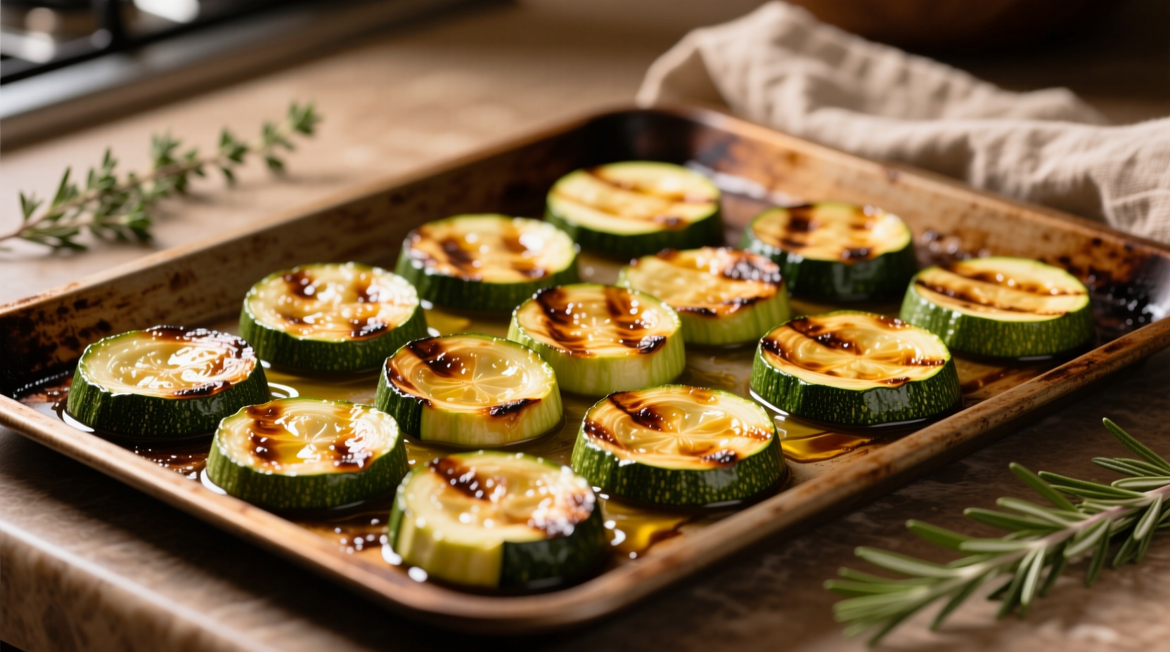 Perfectly roasted golden brown zucchini slices on baking sheet