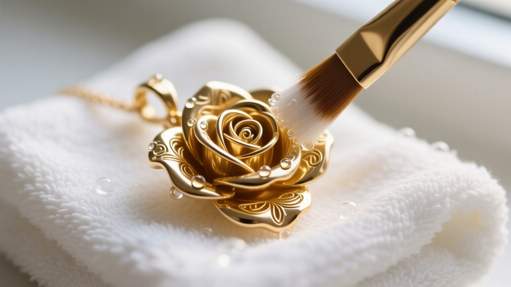 Soft brush cleaning delicate metal petals of a gold vermeil rose pendant in warm soapy water on a clean white cotton towel