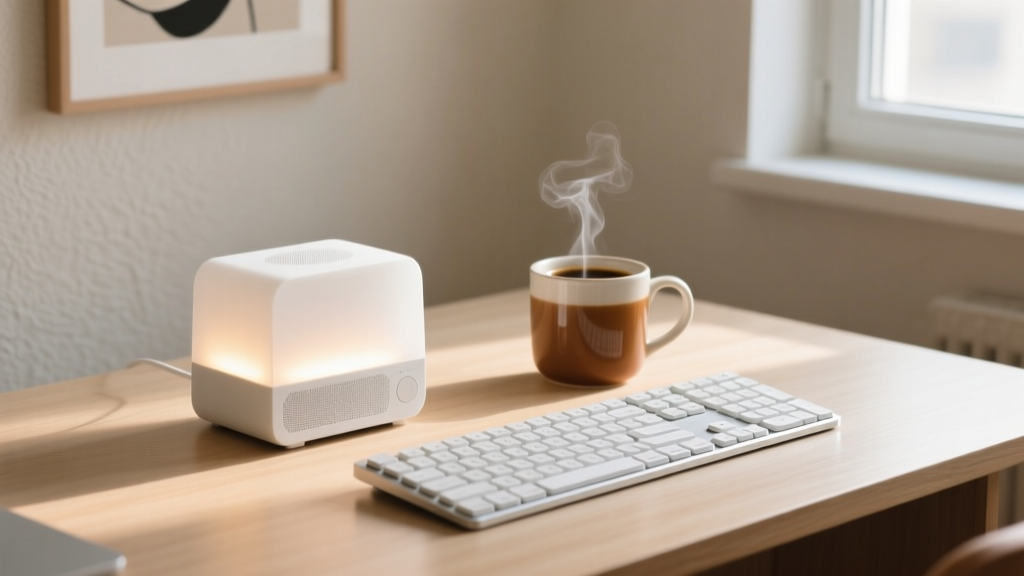 A minimalist home office desk featuring a compact, glowing white noise machine next to a sleek mechanical keyboard and a cup of coffee.