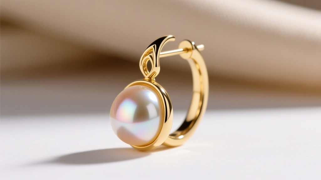 Close-up of a 14k yellow gold martini setting with smooth, rounded prongs securely holding a cream South Sea drop pearl earring.