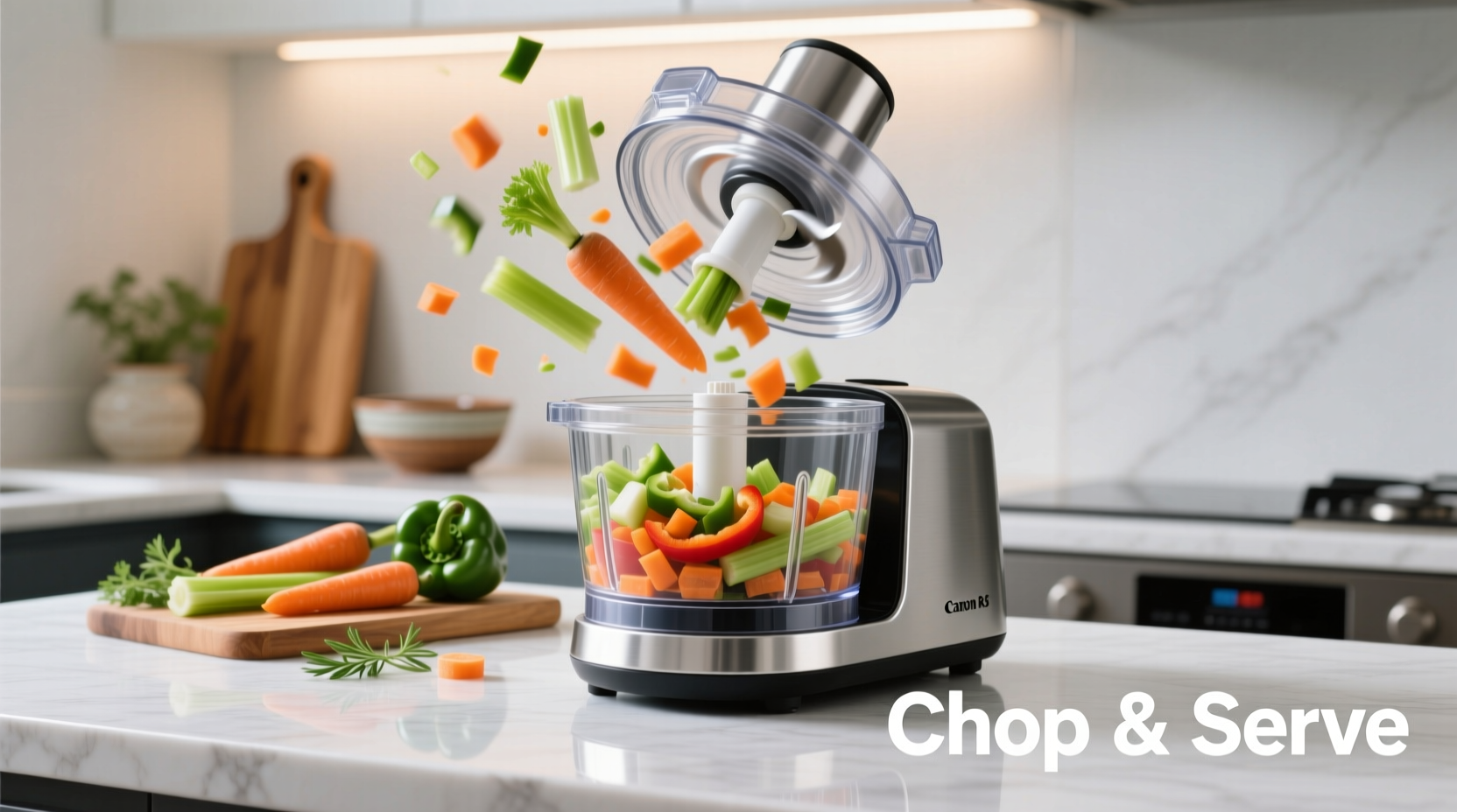 Food processor chopping vegetables on kitchen counter