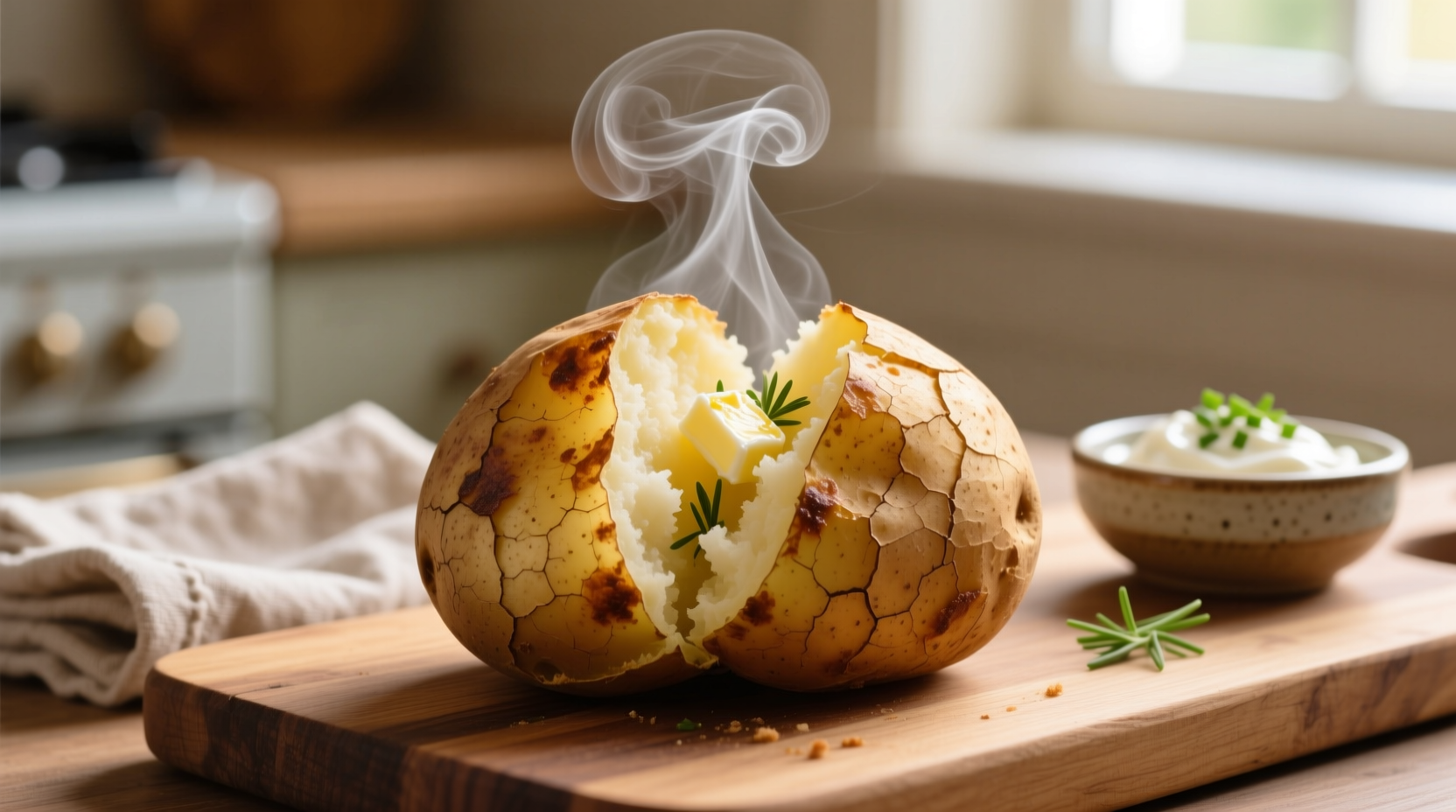 Perfectly cooked jacket potato with steam rising