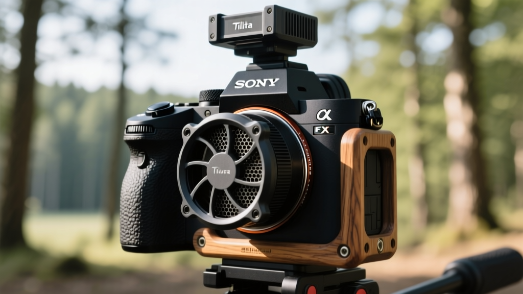 Close-up of a Sony FX3 mirrorless camera mounted with a Tilta tactical cooling fan and wooden cage grip during an outdoor video shoot.