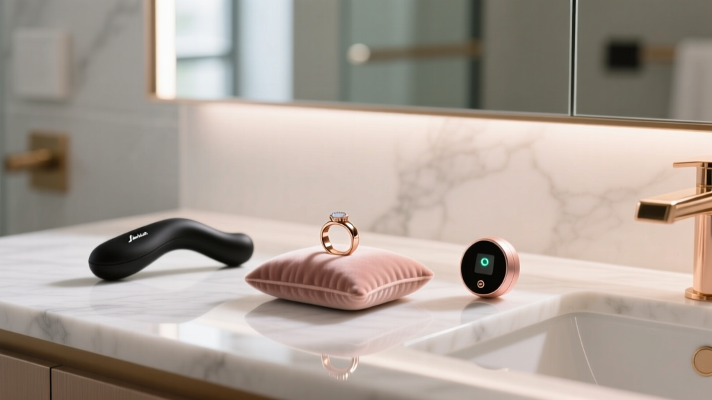 Modern vanity setup featuring a rose-gold smart ring, pelvic floor trainer, and temperature sensor on a marble countertop.
