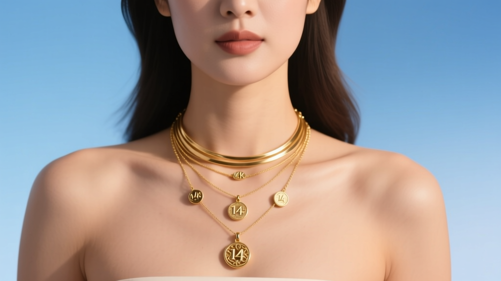 Studio portrait of a female anchor wearing a layered 14k gold necklace stack with delicate pendants against a soft blue backdrop