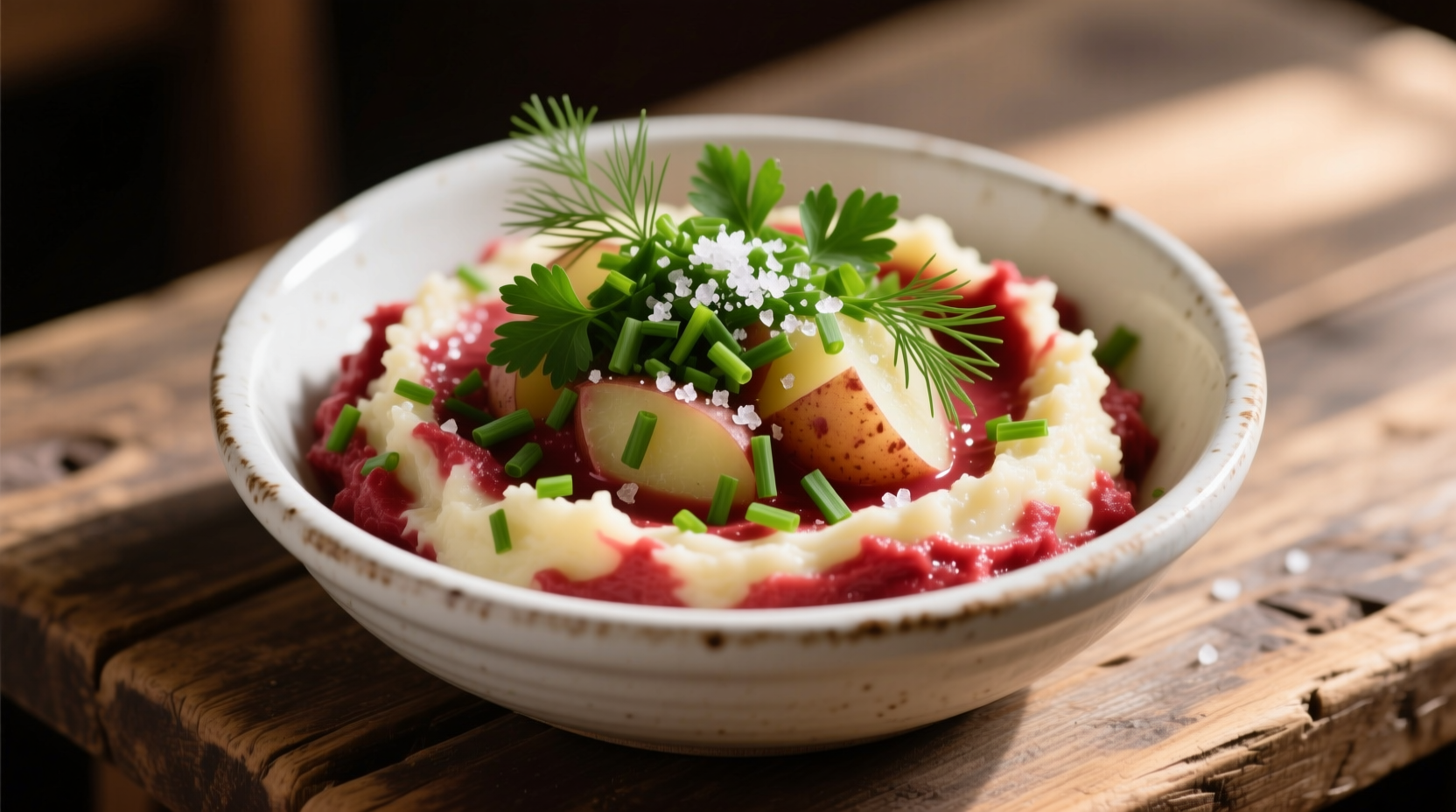 Creamy red potato mash in white bowl with fresh herbs