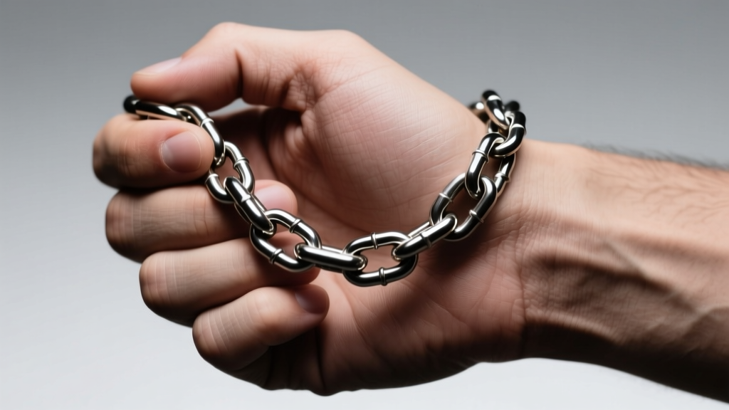 Hand gripping a heavy 12mm stainless steel paperclip chain necklace, soft studio lighting highlighting the brushed metal texture.