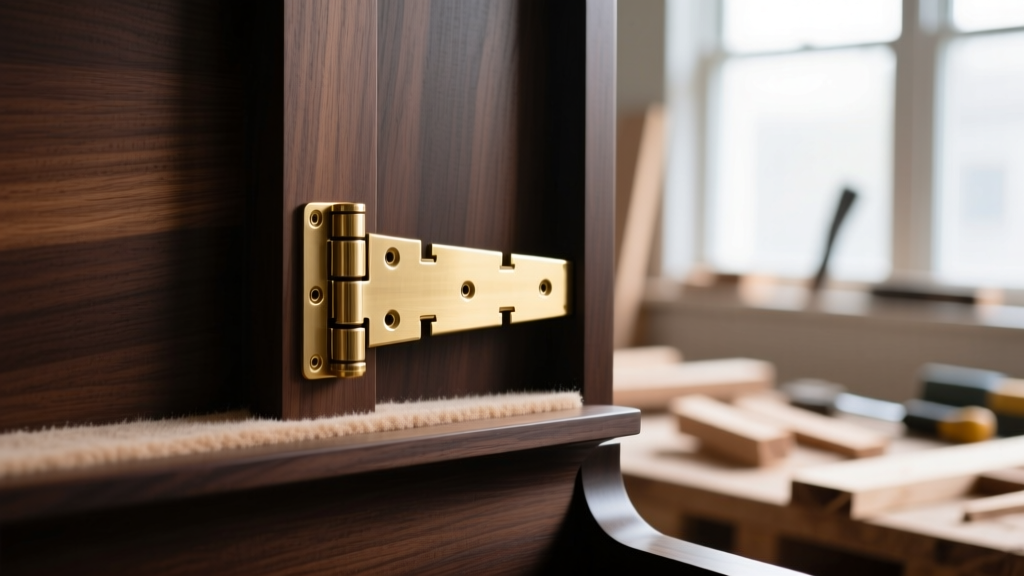 Brass piano hinge mounted on dark Ridgewood wood, showing precise dovetail joinery and anti-tarnish felt lining.
