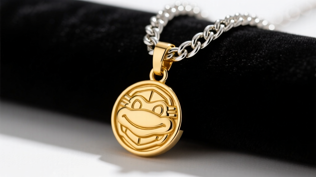 Heavy 5mm 925 sterling silver Cuban link chain threaded through a hidden integrated bail on a solid gold TMNT collector pendant