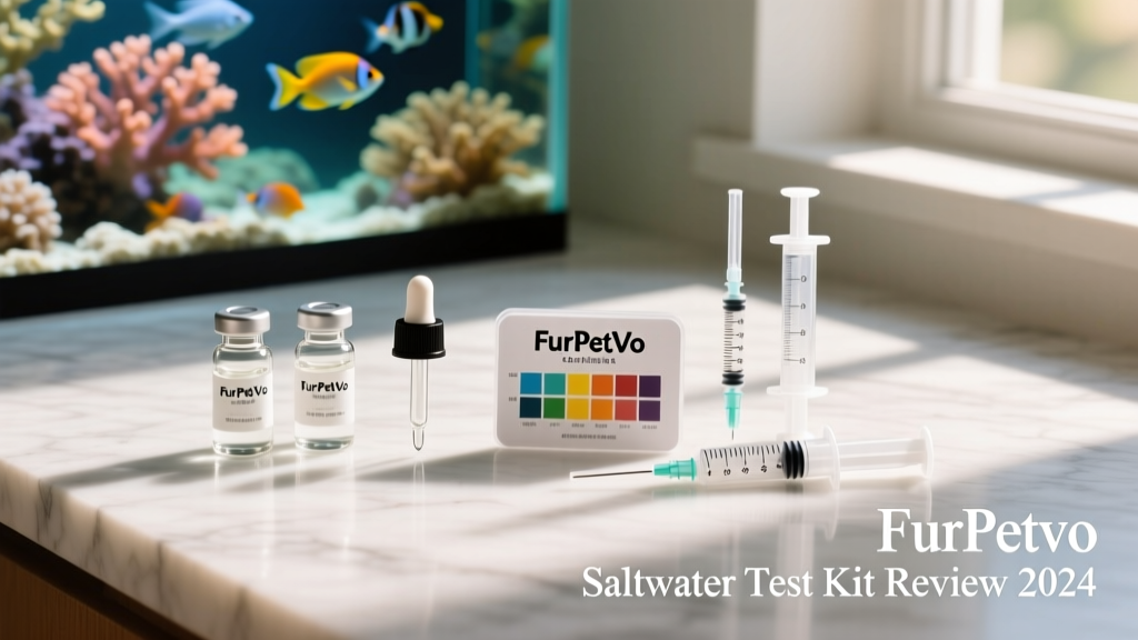 Side-by-side comparison of FurPetVo test kit components: vials, droppers, color charts, and titration syringes arranged neatly on a clean surface