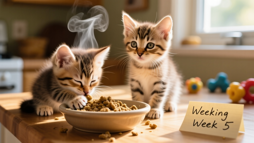 Close-up of two 5-week-old kittens eating from a shallow dish of moistened kitten food