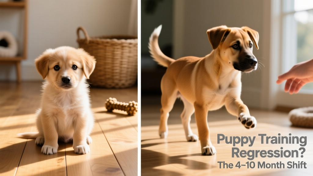 Side-by-side photos showing a calm, focused puppy at 4 months and the same dog appearing more restless and distracted at 10 months