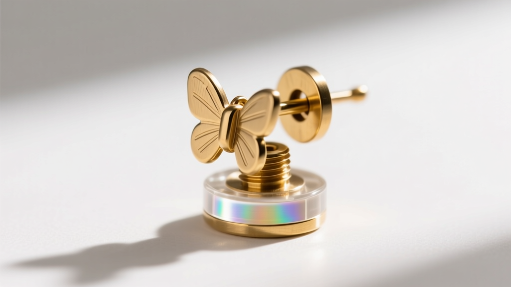 Close-up of 18-gauge brass earring post with tension butterfly back and clear anti-tarnish protective coating on base metal.