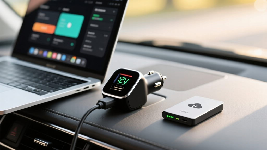 A 12V car adapter with a digital wattage display plugged into a vehicle dashboard, powering a laptop and a cloud-syncing portable SSD.