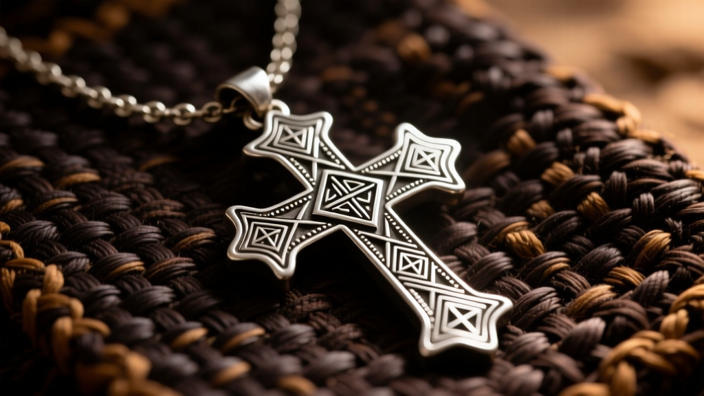 Close-up of an authentic hand-forged Ethiopian Lalibela silver cross necklace resting on dark woven textile under warm lighting