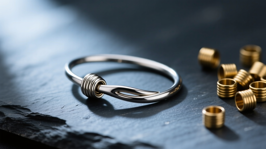 Side profile of a hand-forged 20-gauge niobium ear wire with a 3mm wrapped loop, resting on dark slate next to brass crimp beads.