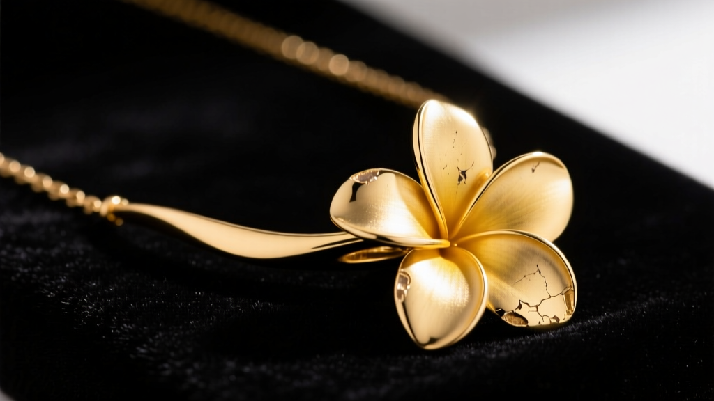 Close-up of a damaged 14k gold vermeil plumeria necklace on dark velvet, highlighting a bent petal tip and worn gold plating edge.