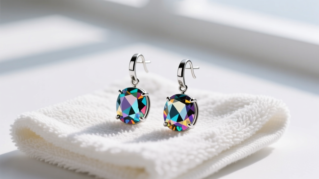 Rhodium-plated fashion drop earrings with glued-in glass stones resting safely on a dry, untreated split-fiber microfiber towel.