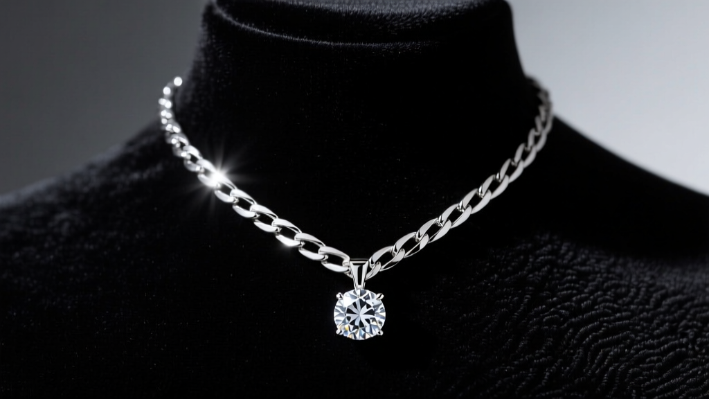 Thick 2.5mm platinum box necklace chain holding a diamond pendant on a black velvet bust under dramatic side studio light