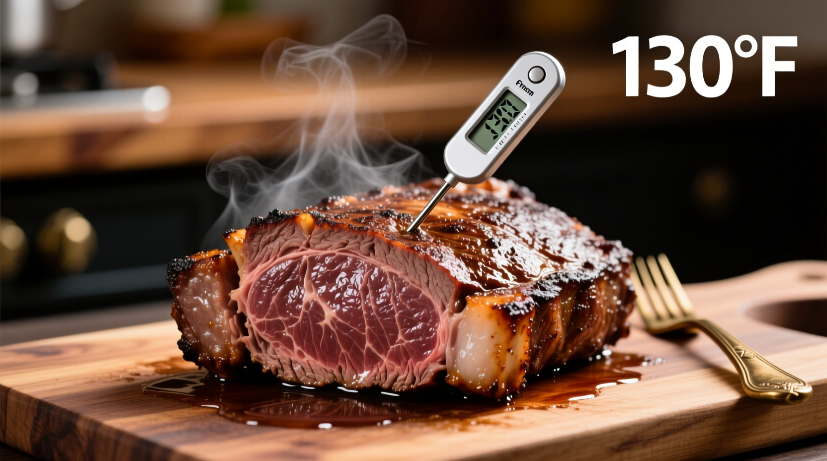 Perfectly cooked prime rib with meat thermometer