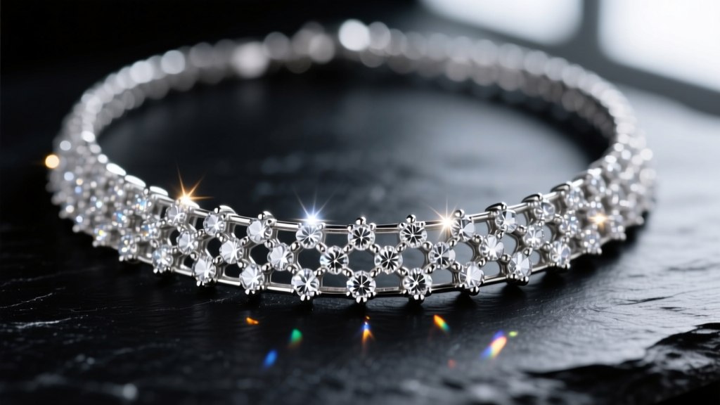 Macro view of a platinum circle of diamonds necklace on dark slate, showing the micro-pave setting and brilliant light refraction.