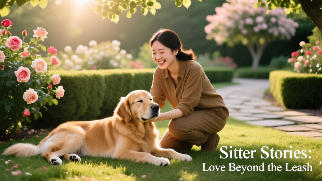 A smiling pet sitter crouching beside a relaxed golden retriever in a sunlit garden