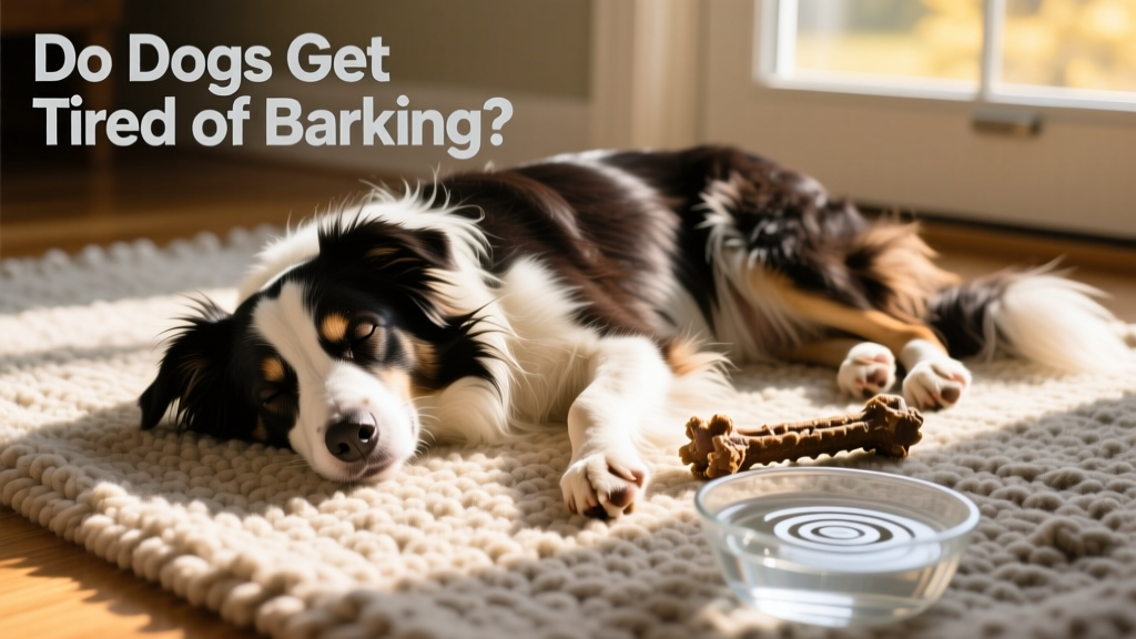 A relaxed border collie lying on a rug after a walk, with chew toy nearby and water bowl in view